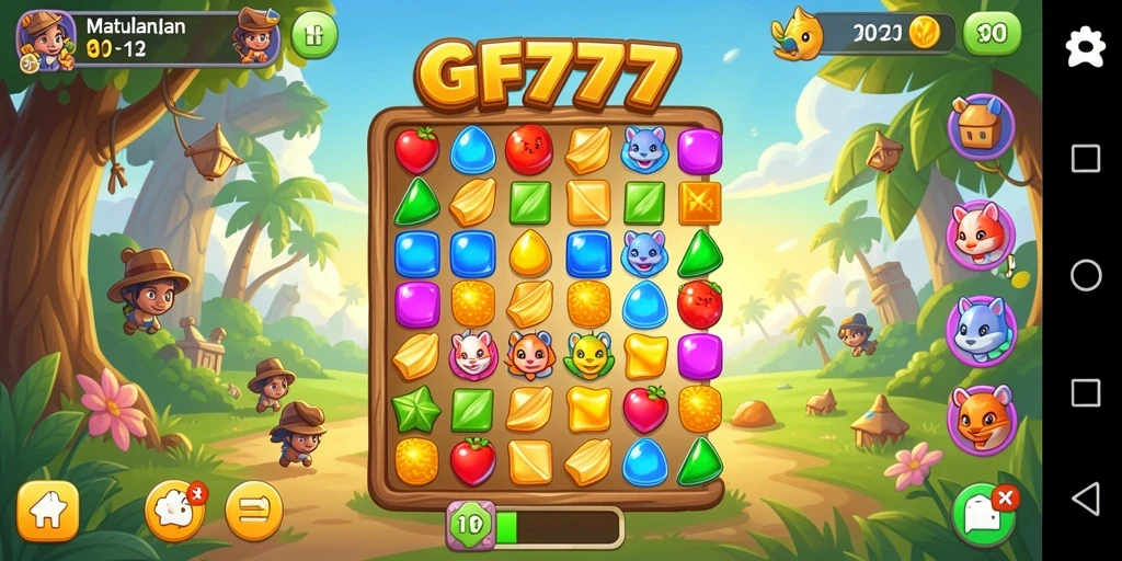 Screenshot gameplay GF777 menampilkan aksi mencocokkan permata yang seru.
