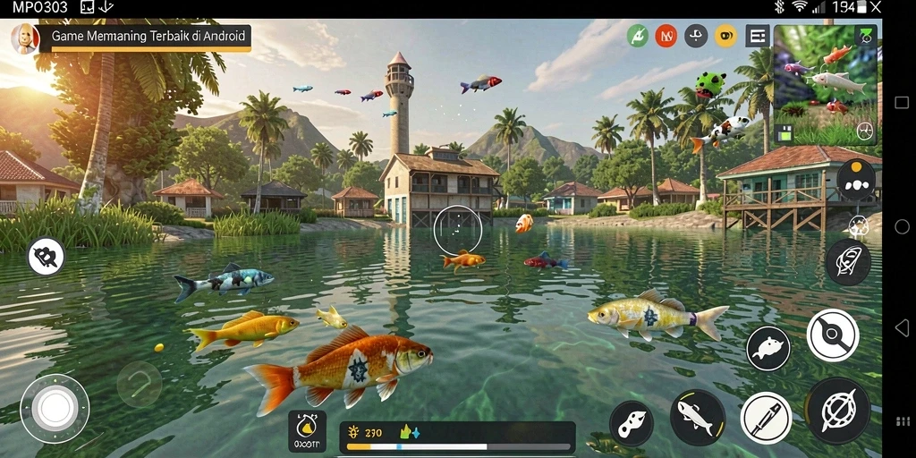 Screenshot gameplay MPO303 menampilkan serunya menangkap ikan di lokasi indah.