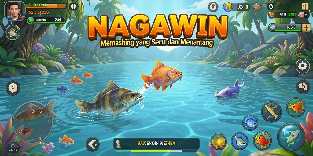 Tampilan gameplay seru NAGAWIN saat memancing ikan besar.