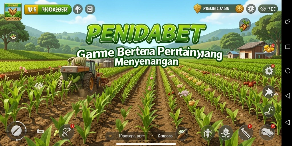 Tangkapan layar gameplay PENIDABET menampilkan ladang yang subur dan hewan ternak yang bahagia.