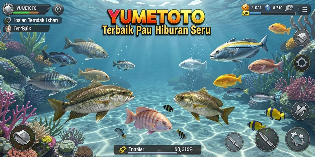 Screenshot gameplay YUMETOTO menunjukkan aksi menembak ikan yang seru.